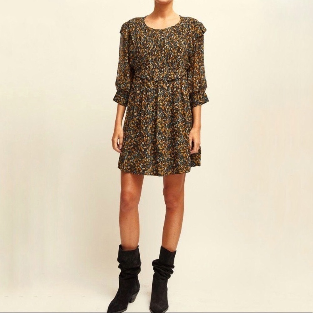 BA&SH Sandra Ruffle-trimmed Printed Georgette Mini Dress In Brown Carbone NWT